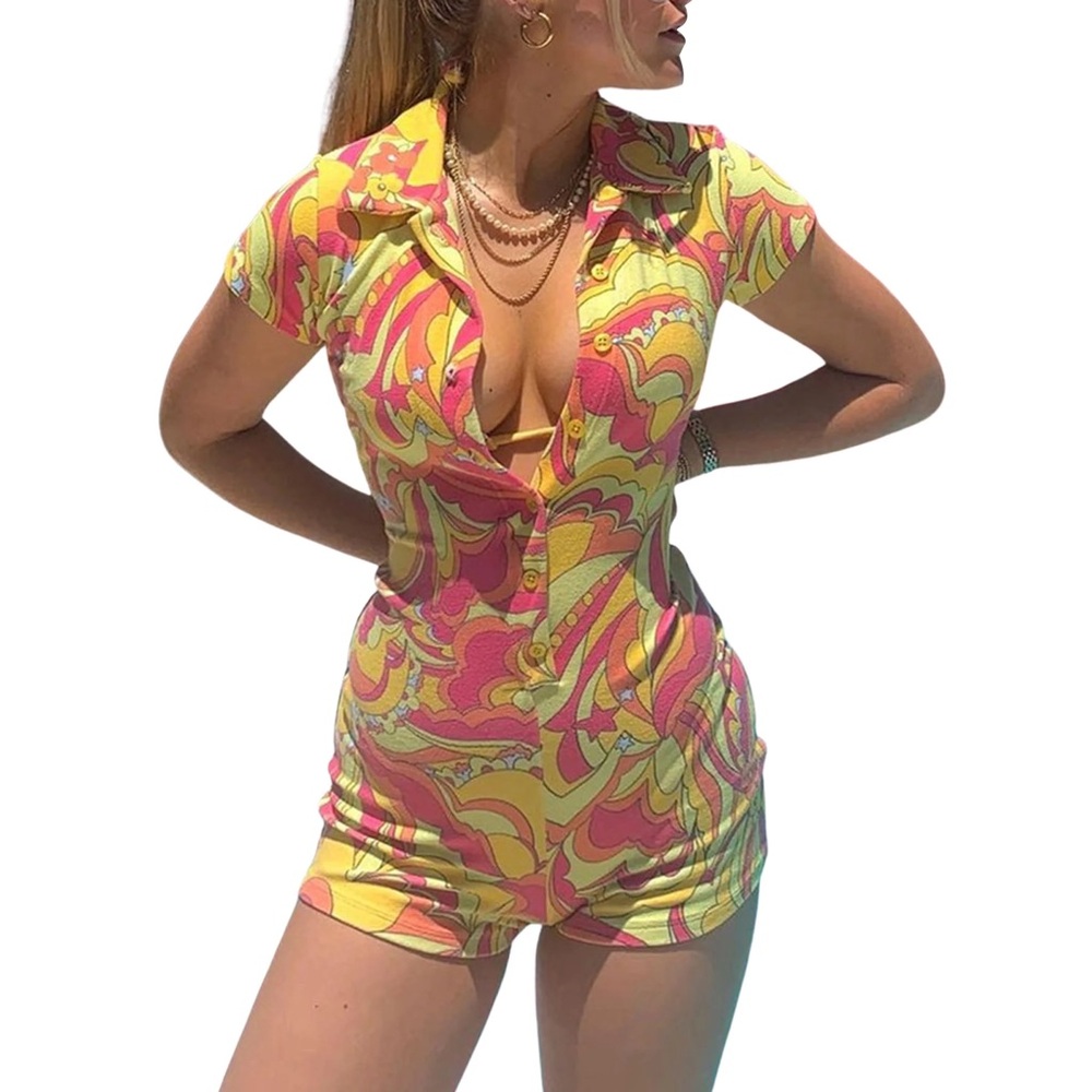 Vibrant Yellow and Pink Patterned Romper
